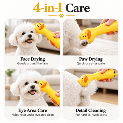 Four uses of the pet hair dryer brush on a white dog: face drying, paw drying, eye area care and detail cleaning.
