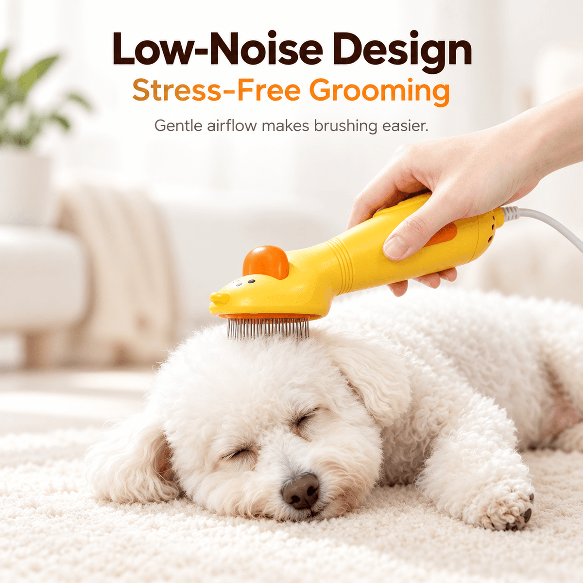 A relaxed white dog lying on a rug while its coat is groomed with the low-noise pet hair dryer brush.