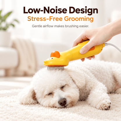 A relaxed white dog lying on a rug while its coat is groomed with the low-noise pet hair dryer brush.