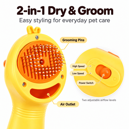 Labelled diagram of the pet hair dryer brush showing the grooming pins, air outlet, power switch and high and low speed settings.