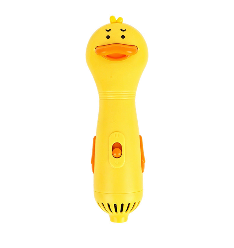 Back view of the yellow duck style pet hair dryer brush with its orange beak, slide switch and corded base.