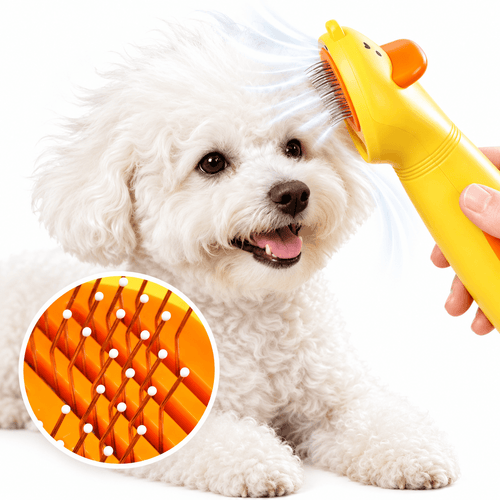 Yellow duck 2 in 1 pet hair dryer brush drying and brushing a white dog's fluffy coat, with a close-up of the rounded grooming pins.