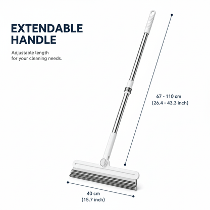 Extendable pet hair removal broom with its 67 to 110 cm pole length and 40 cm head width marked.