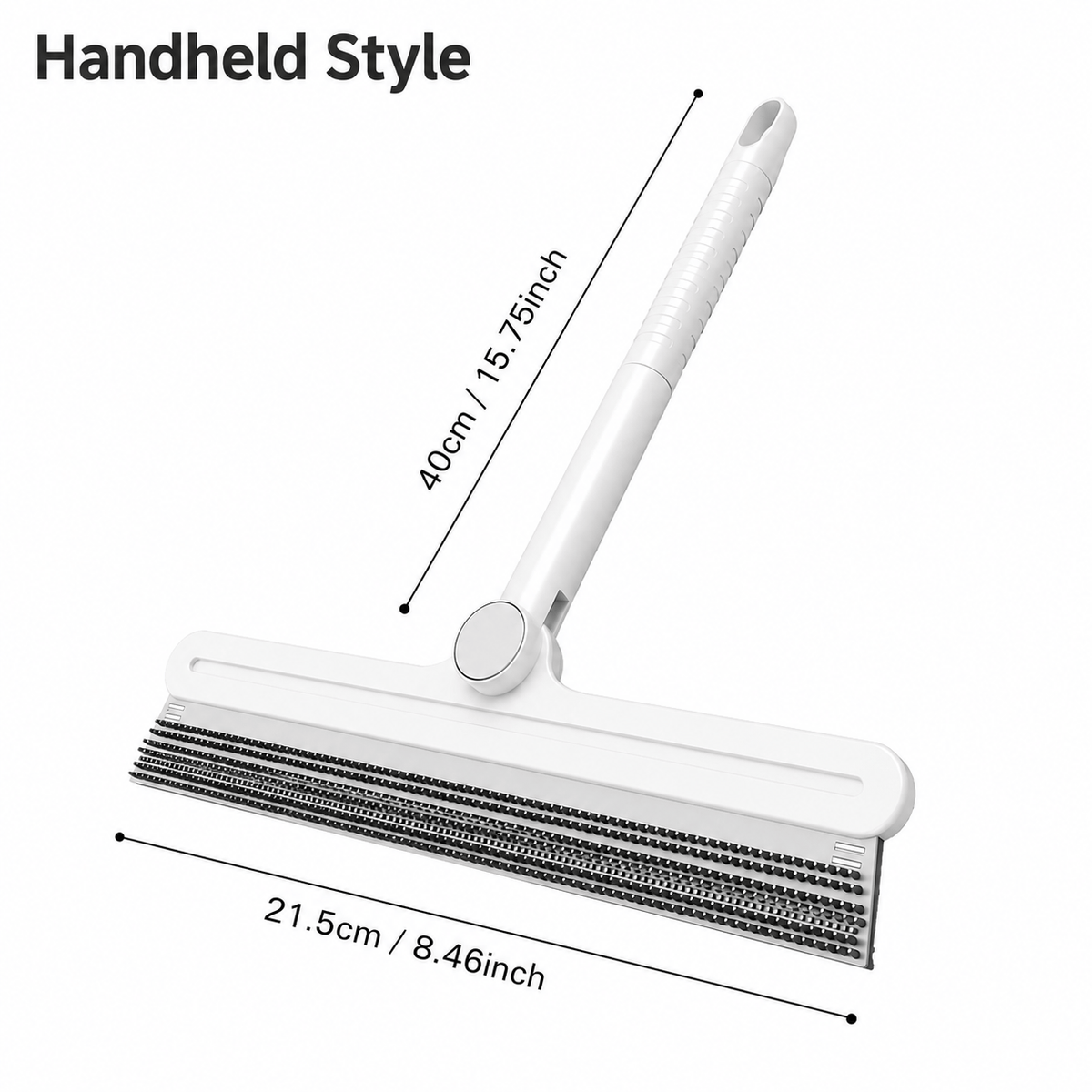 Handheld pet hair removal broom with its 40 cm length and 21.5 cm head width marked.