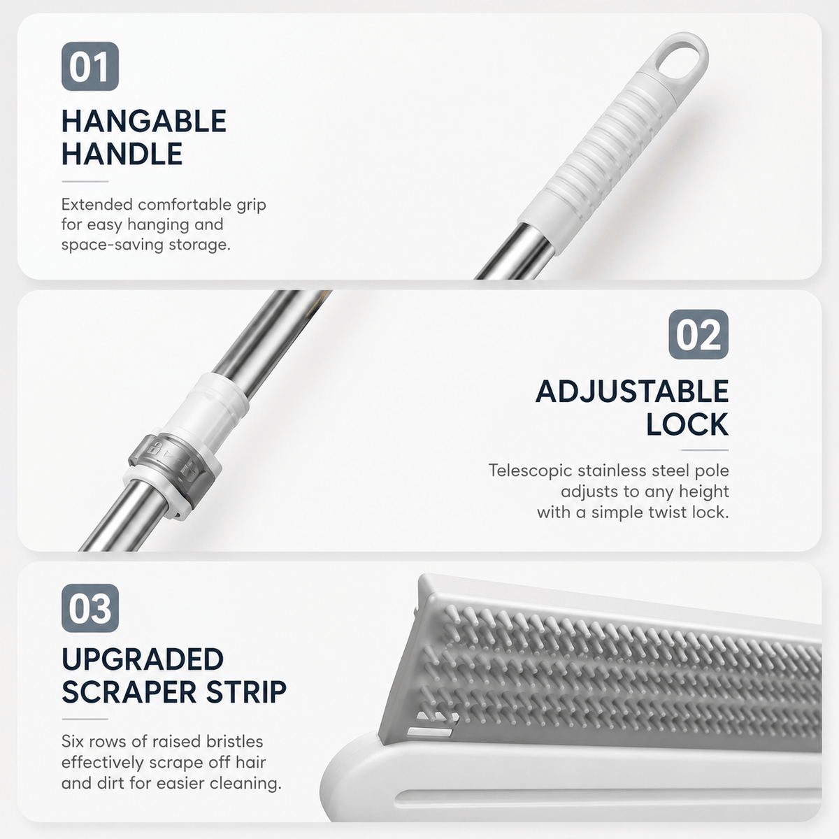 Three details of the pet hair removal broom: the hangable handle, the twist lock on the telescopic stainless steel pole and the six rows of raised bristles.