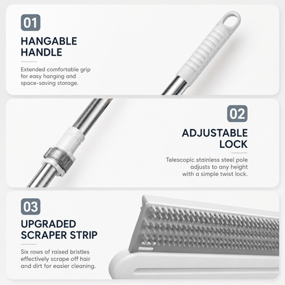 Three details of the pet hair removal broom: the hangable handle, the twist lock on the telescopic stainless steel pole and the six rows of raised bristles.