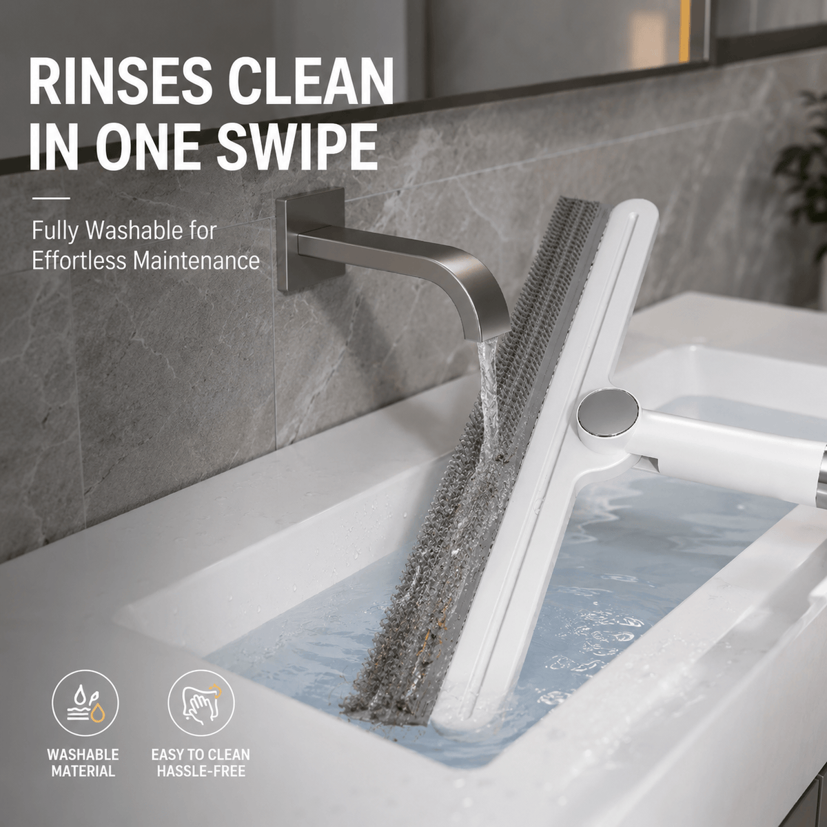 Silicone bristle head of the pet hair removal broom being rinsed under a tap, captioned rinses clean in one swipe and fully washable.