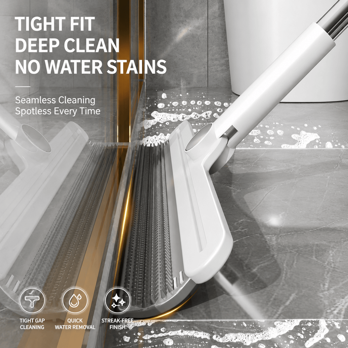 Silicone squeegee head of the pet hair removal broom pushing water across a tiled floor, with tight gap cleaning, quick water removal and streak free finish icons.