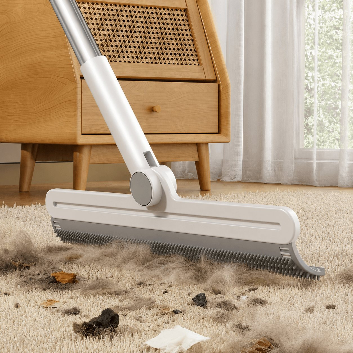 Pet hair removal broom with a white telescopic handle sweeping fur and debris off a beige carpet.