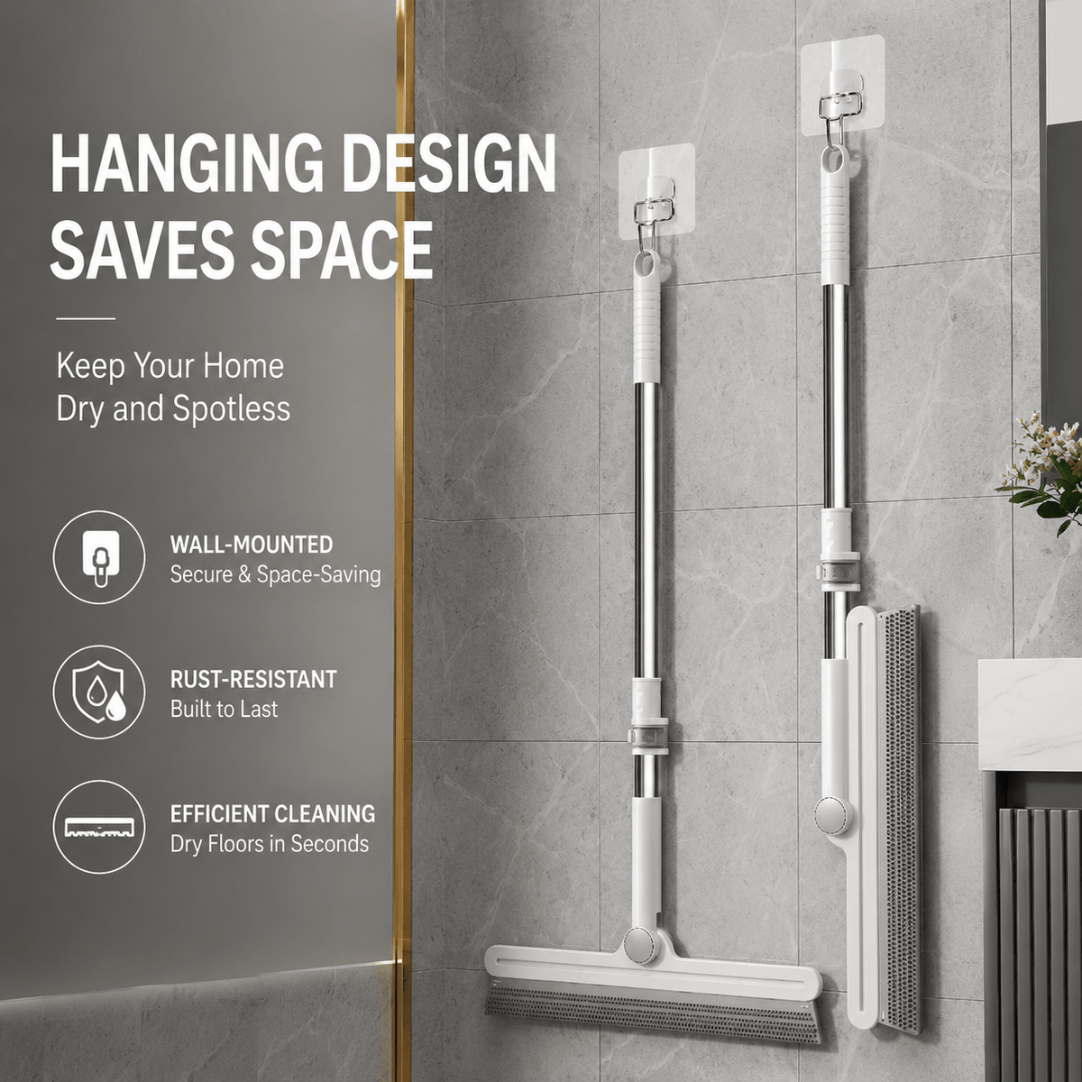 Two pet hair removal brooms hanging on a bathroom wall, captioned hanging design saves space with wall mounted, rust resistant and efficient cleaning icons.