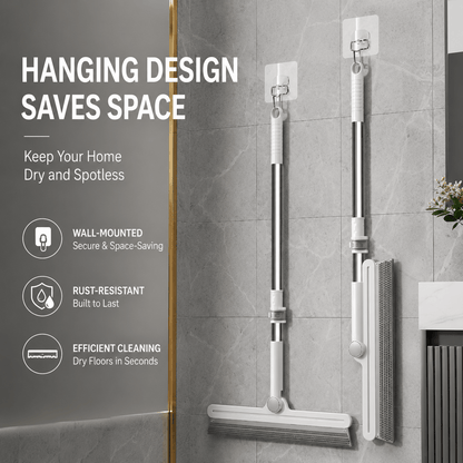 Two pet hair removal brooms hanging on a bathroom wall, captioned hanging design saves space with wall mounted, rust resistant and efficient cleaning icons.