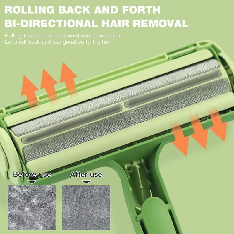 Close-up of the two fabric bristle strips on the pet hair remover brush, with arrows for rolling back and forth and before and after fur swatches.