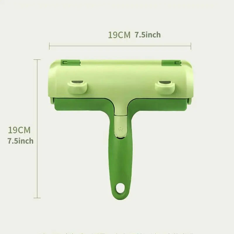 Green pet hair remover brush with 19 cm or 7.5 inch width and 19 cm or 7.5 inch height marked.