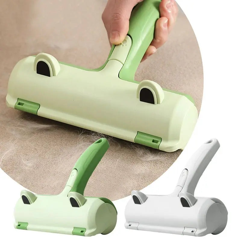 Green pet hair remover brush on a fur-covered sofa cushion, with the green and white brushes on a white background.