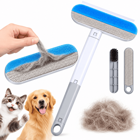 Blue and white pet hair remover brush with its two mini brushes and a pile of fur, beside a cat and a golden retriever.