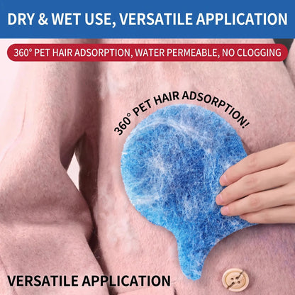 Hand pressing the fish-shaped microfiber remover against pink upholstery, labeled 360 degree pet hair adsorption, water permeable, no clogging.