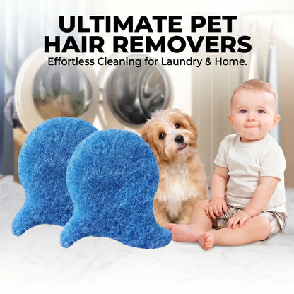 Two blue fish-shaped pet hair removers beside a small dog, headed Ultimate Pet Hair Removers, Effortless Cleaning for Laundry and Home.