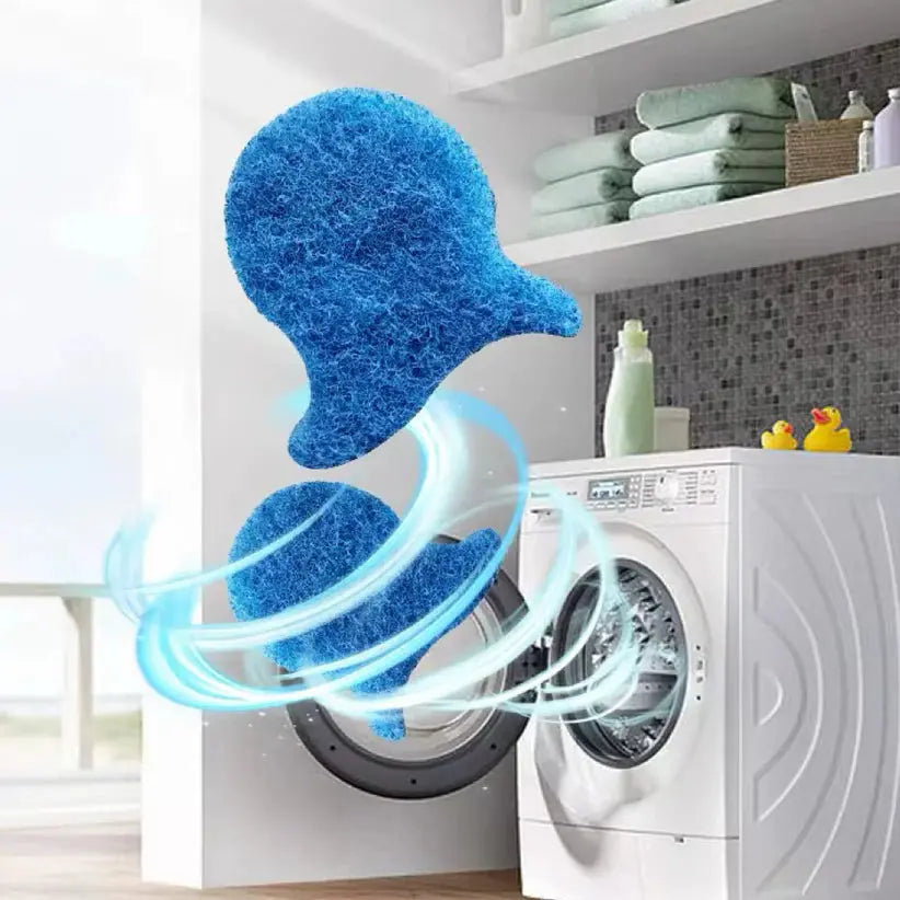 Blue fish-shaped pet hair remover shown swirling in front of a front-loading washing machine in a laundry room.