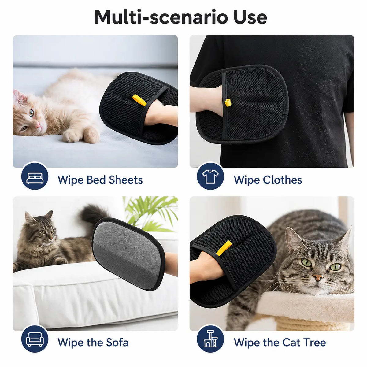 Four photos of the pet hair remover glove wiping bed sheets, clothes, a sofa and a cat tree.