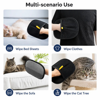 Four photos of the pet hair remover glove wiping bed sheets, clothes, a sofa and a cat tree.