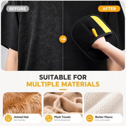 Before and after of a black T-shirt wiped with the pet hair remover glove, and the materials it suits: animal hair, plush towels and berber fleece.