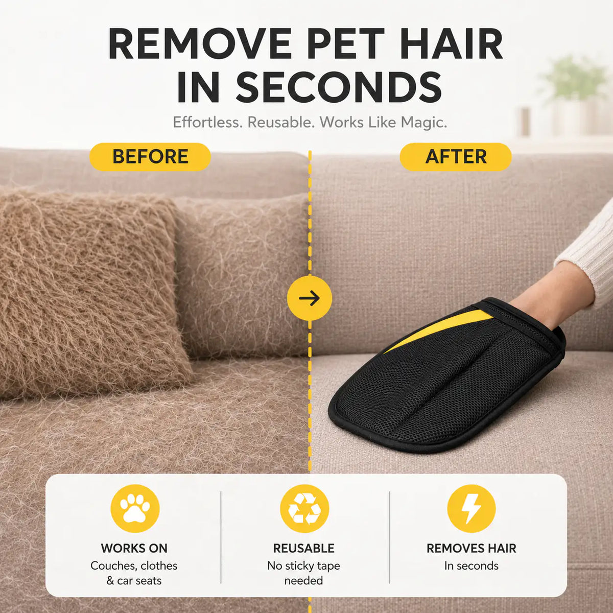 Before and after of a fur-covered beige sofa cushion wiped with the black pet hair remover glove.
