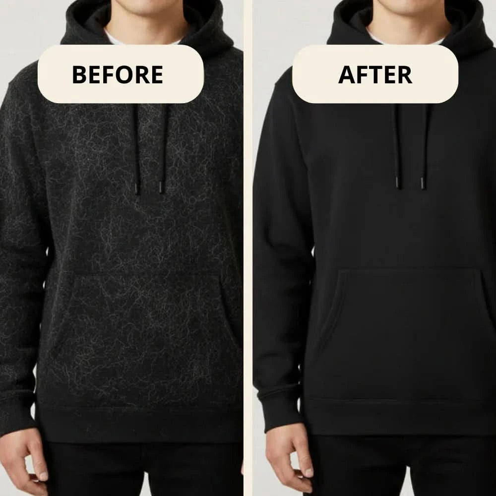 Before and after of a black hoodie covered in pet hair then cleaned with the Noblias pet hair remover glove.
