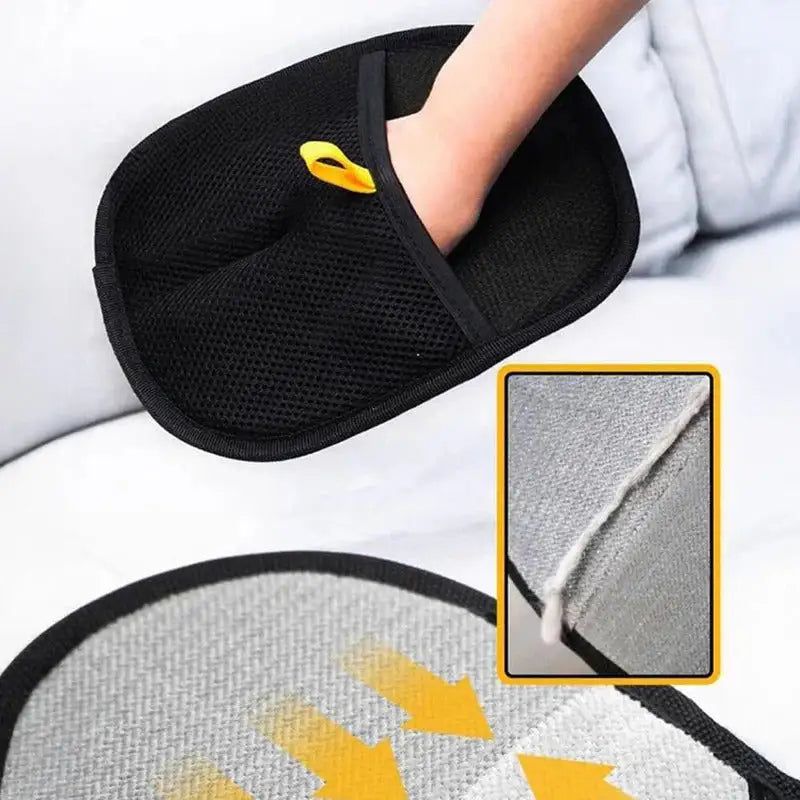Black pet hair remover glove on a sofa arm with a close-up of its dual-direction bristle surface and a seam inset.
