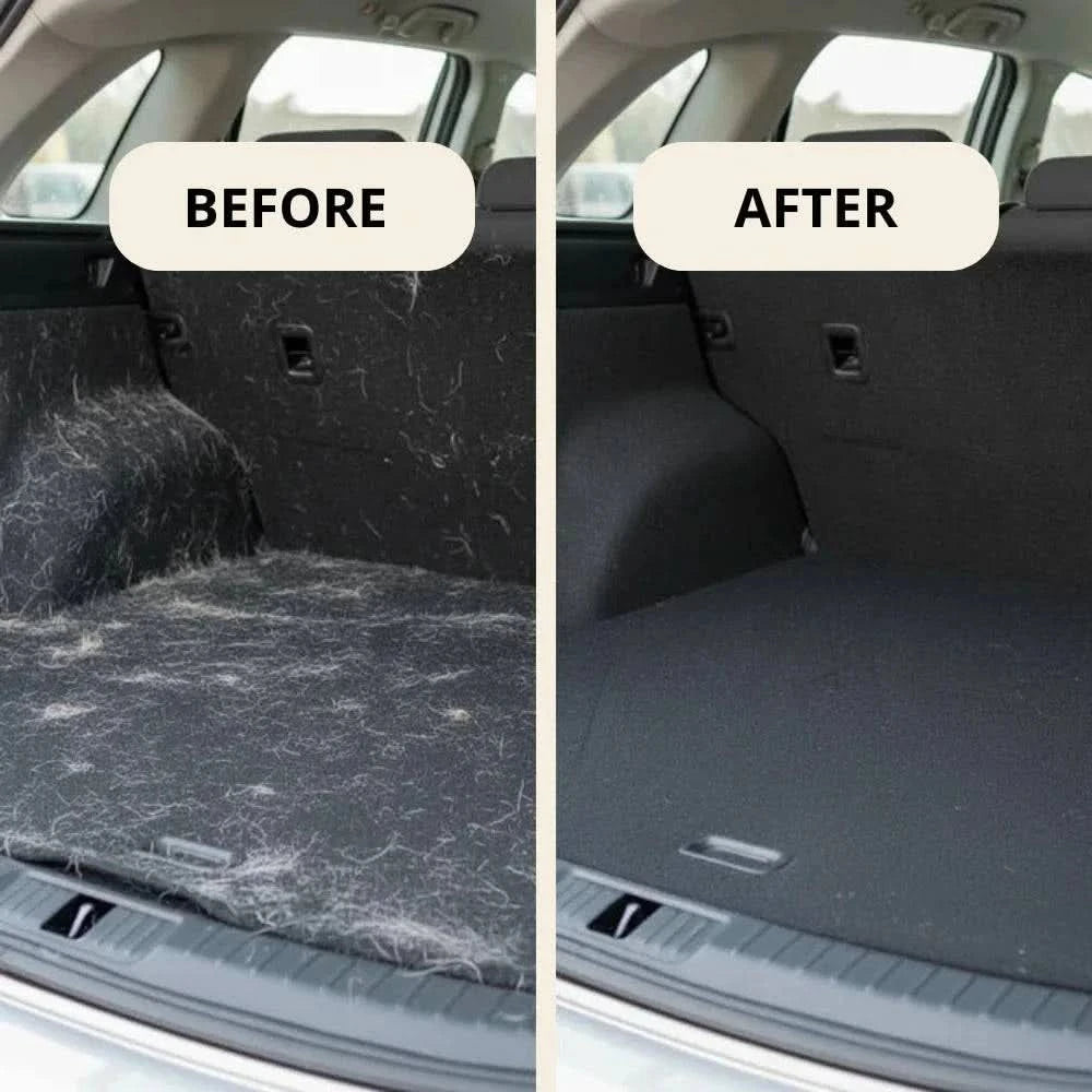 Before and after of a car boot cleared of dog hair with the Noblias pet hair remover glove.