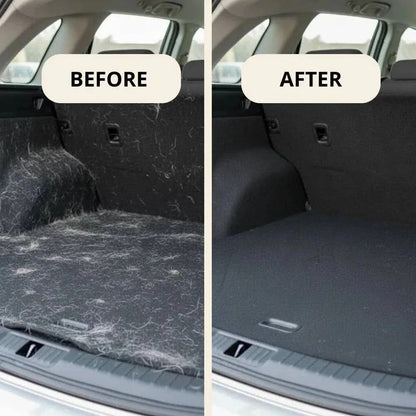 Before and after of a car boot cleared of dog hair with the Noblias pet hair remover glove.