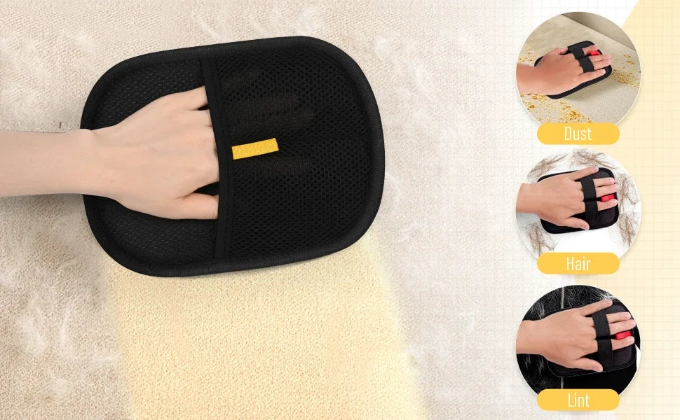 The Noblias pet hair remover glove worn on the hand and lifting dust, pet hair and lint from a carpet.