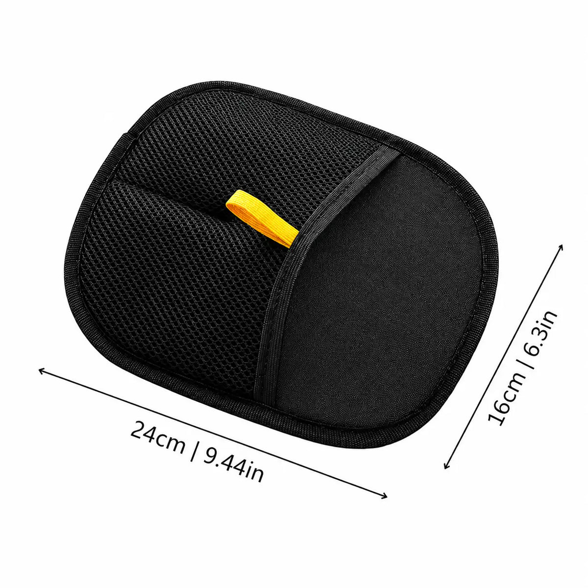 Black pet hair remover glove with 24 cm or 9.44 inch width and 16 cm or 6.3 inch height marked.