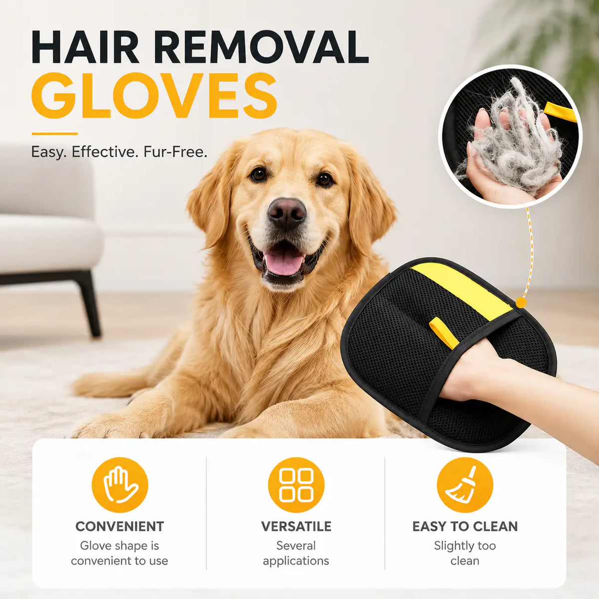 Golden retriever lying on a rug beside a hand in the black pet hair remover glove, with convenient, versatile and easy to clean icons.