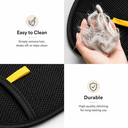 Clump of fur peeled from the pet hair remover glove held in a hand, with close-ups of the mesh back and stitching.