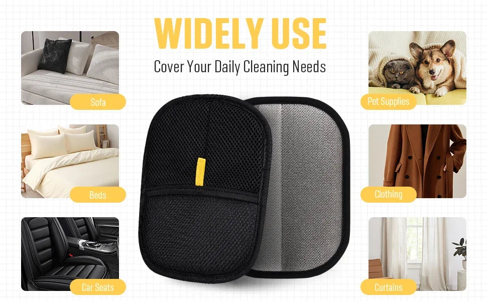 The Noblias pet hair remover glove used on a sofa, bedding, coats and pet areas around the home.
