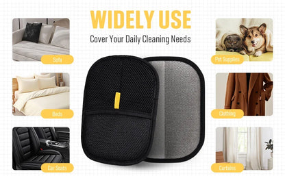 The Noblias pet hair remover glove used on a sofa, bedding, coats and pet areas around the home.