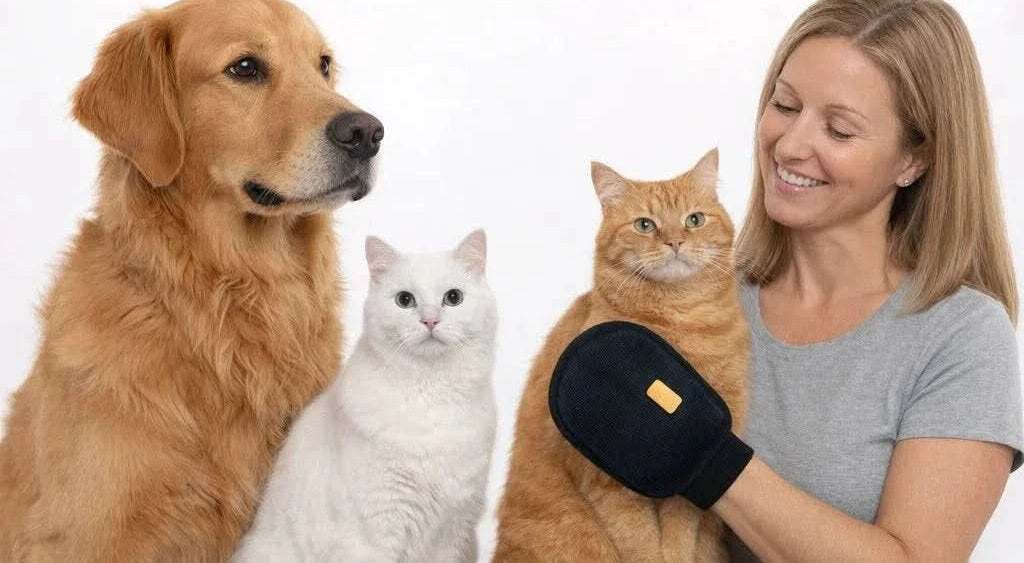 Woman holding the Noblias pet hair remover glove beside a golden retriever and two cats.