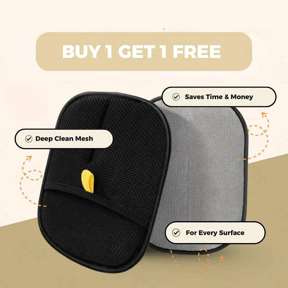 Both sides of the Noblias pet hair remover glove, the deep clean mesh face and the smooth gray face for every surface.