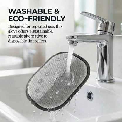The Noblias pet hair remover glove being rinsed under a tap, showing it is washable and reusable.
