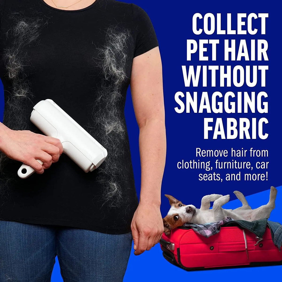 Pet hair remover roller collecting fur from a black T-shirt without snagging the fabric, with a dog on a red cushion behind.