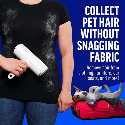 Pet hair remover roller collecting fur from a black T-shirt without snagging the fabric, with a dog on a red cushion behind.
