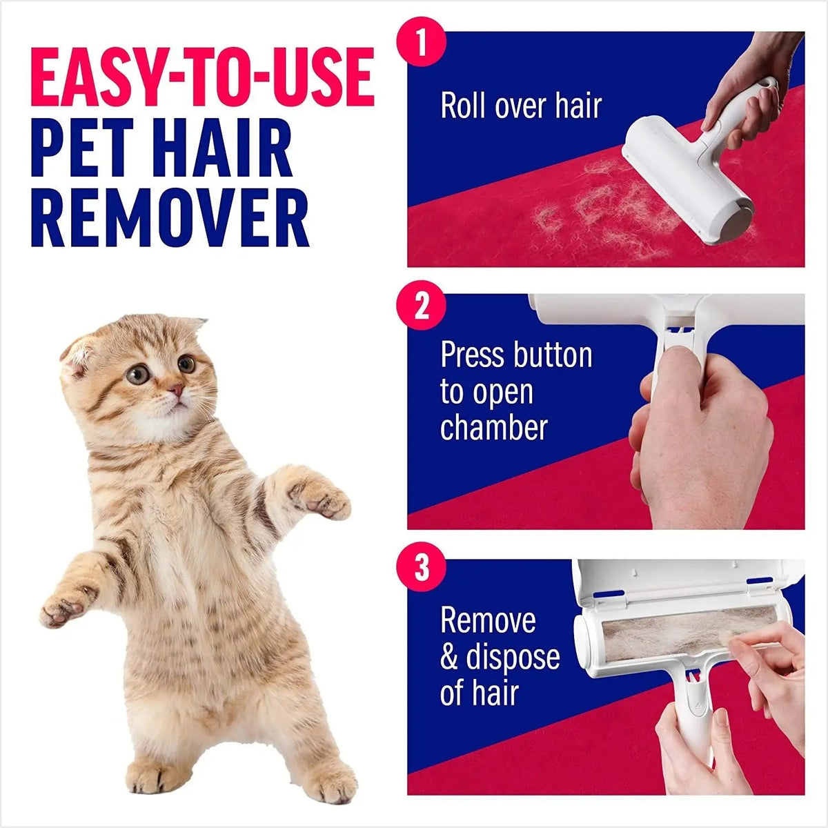 Three-step guide for the pet hair remover roller: roll over hair, press the button to open the chamber, remove and dispose of the hair.