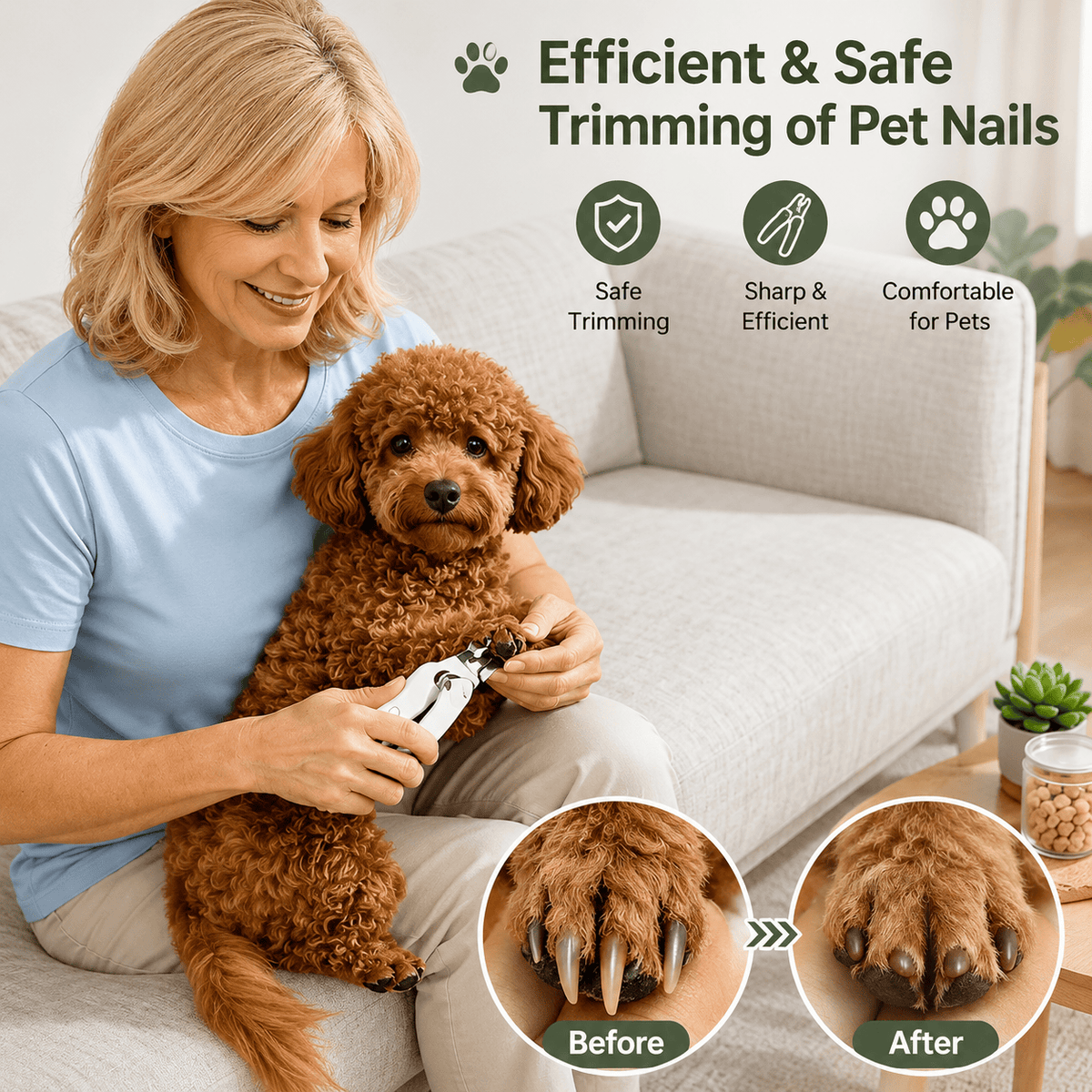 Owner trimming a poodle's nails with the Noblias pet nail clippers and grinder, with before and after paw close ups.