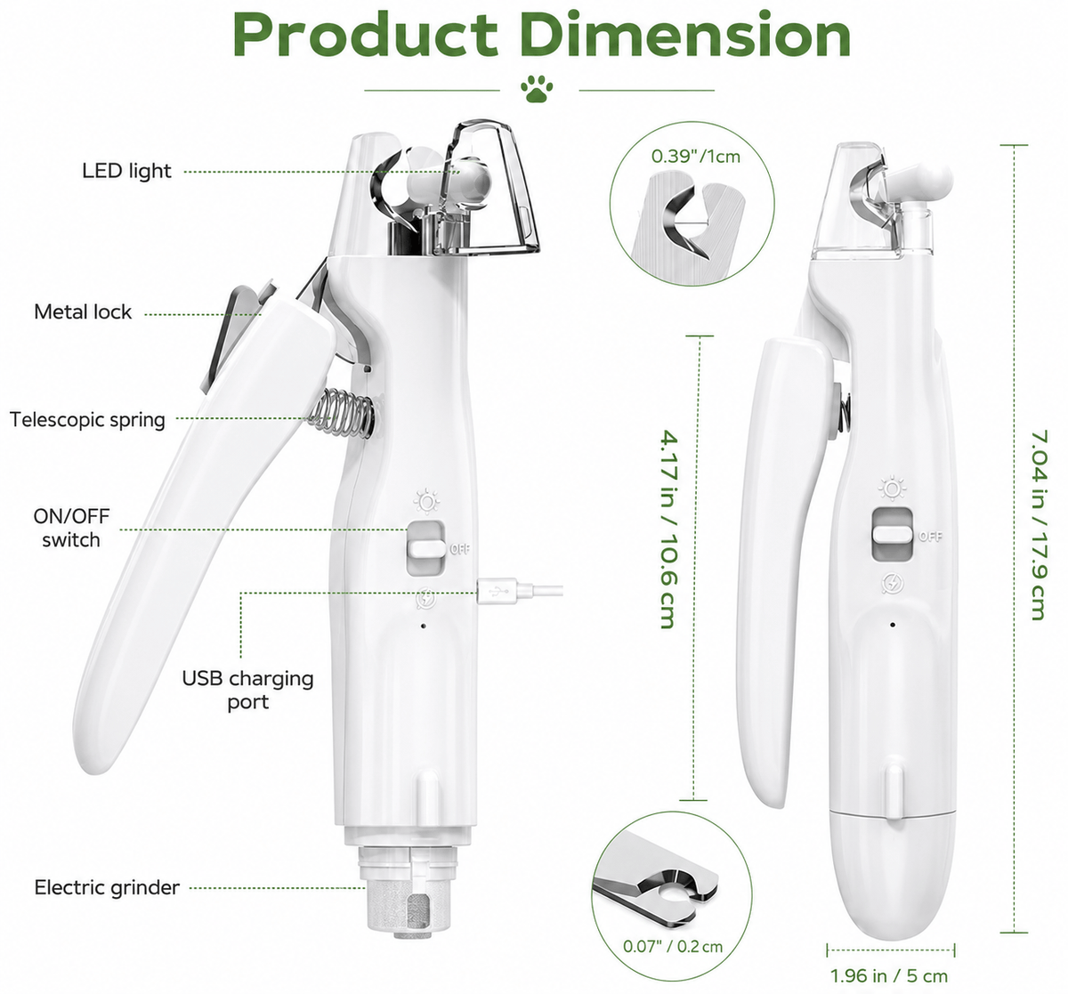 Dimension diagram of the Noblias pet nail clippers and grinder showing the LED light, metal lock, telescopic spring, on off switch, USB charging port and electric grinder, 17.9 cm long.