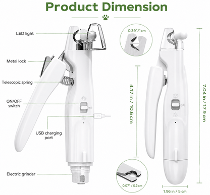 Dimension diagram of the Noblias pet nail clippers and grinder showing the LED light, metal lock, telescopic spring, on off switch, USB charging port and electric grinder, 17.9 cm long.