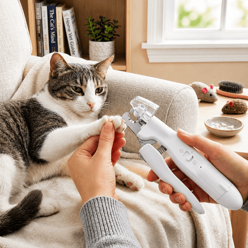 Hand holding the white Noblias 2-in-1 pet nail clippers and grinder while trimming a cat's claw on a sofa.