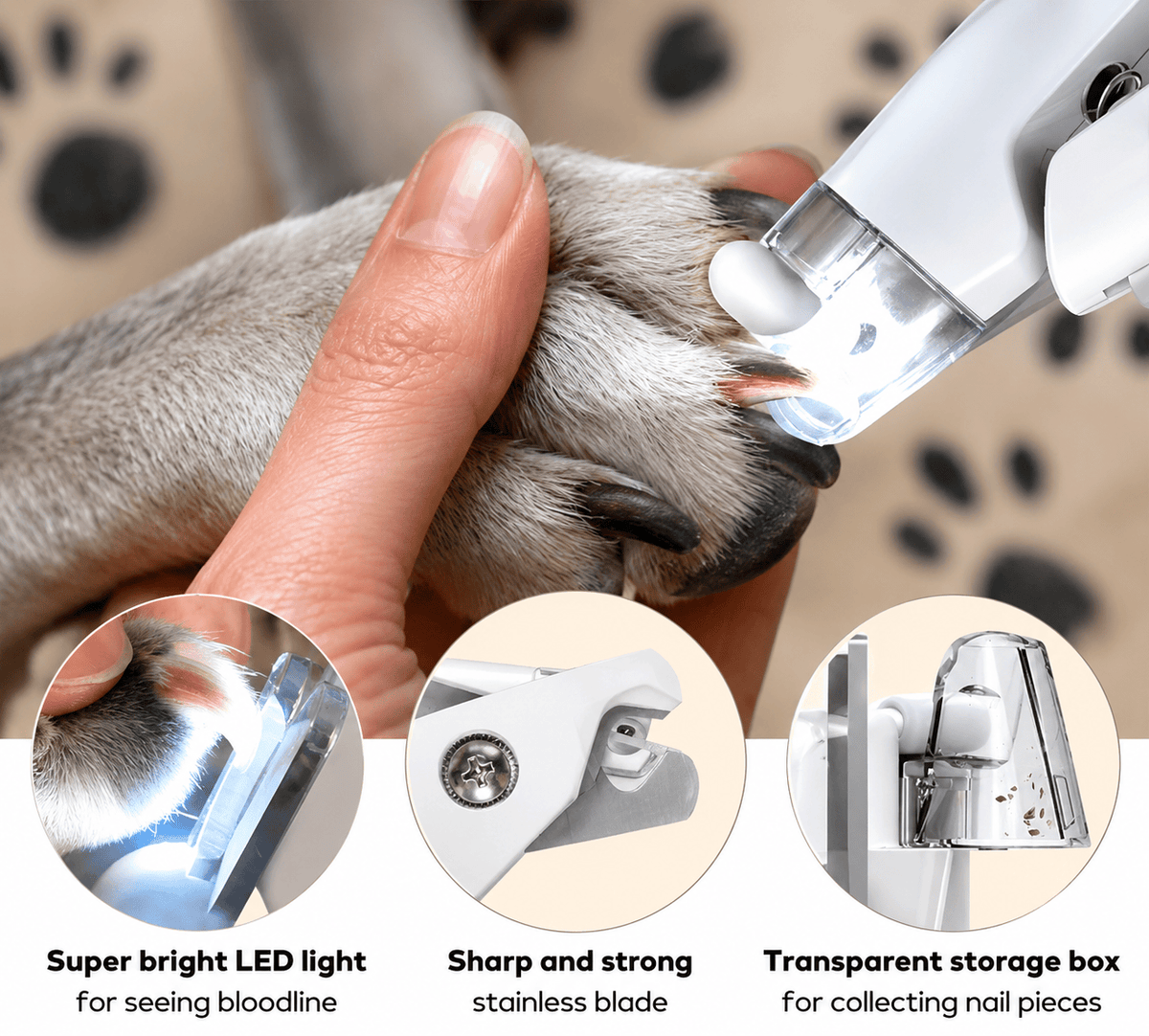 Features of the Noblias pet nail clippers: bright LED light for seeing the blood line, sharp stainless steel blade and a transparent box that catches nail clippings.