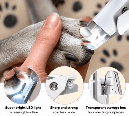 Features of the Noblias pet nail clippers: bright LED light for seeing the blood line, sharp stainless steel blade and a transparent box that catches nail clippings.