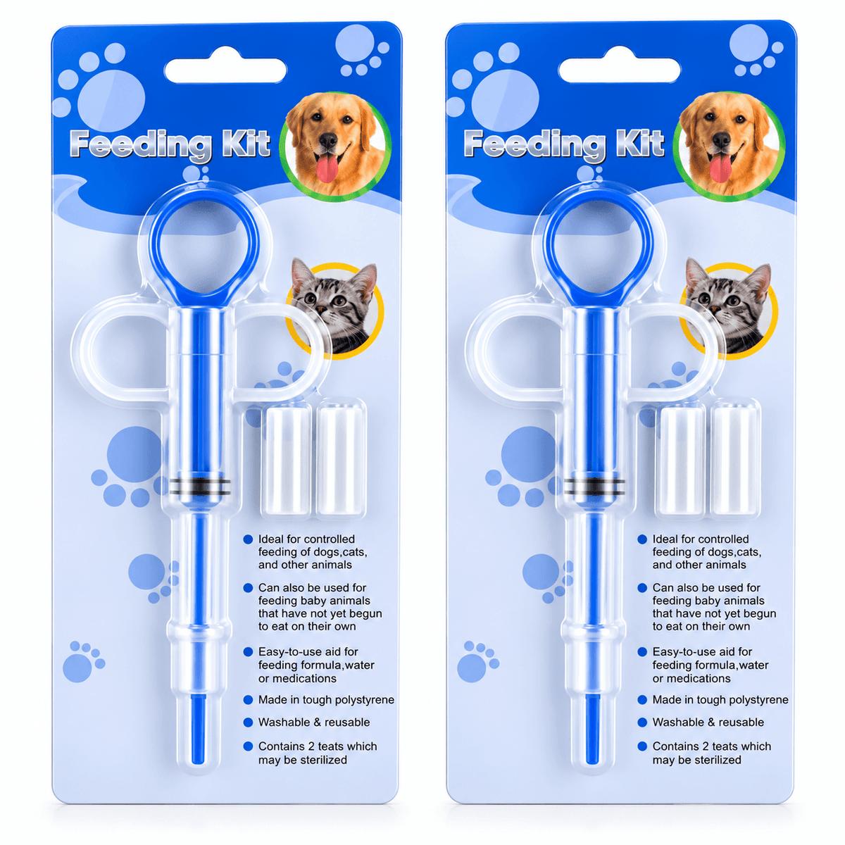 Blue pet pill dispenser syringe 2 pack in feeding kit blister cards with spare silicone tips.