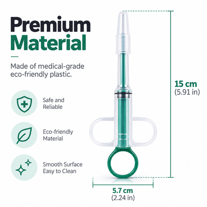 Dimensions of the pet pill dispenser syringe: 15 cm (5.91 in) long and 5.7 cm (2.24 in) wide.